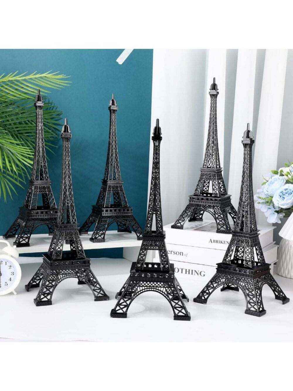 Set of 6 Eiffel Tower Metal Statues - 15'' Paris Decor, Black Home Accent